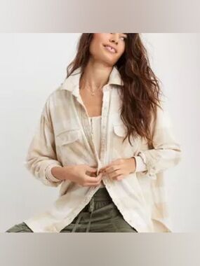 Aerie LumberJane Oversized Flannel Shacket Soft Oat Cream Button Down Distressed